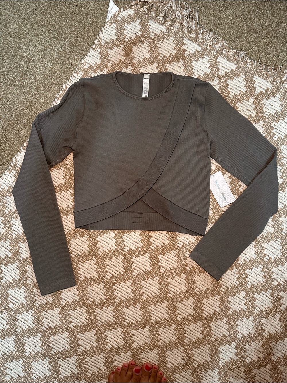 Fashion Nova Sport Grey Ribbed Cropped Wrap-Front Long Sleeve Top
